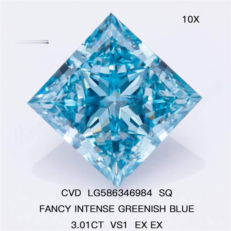 3ct SQ Blue Lab Grown Diamond VS1 EX EX SQ FANCY INTENSE GREENISH BLUE CVD DIAMOND