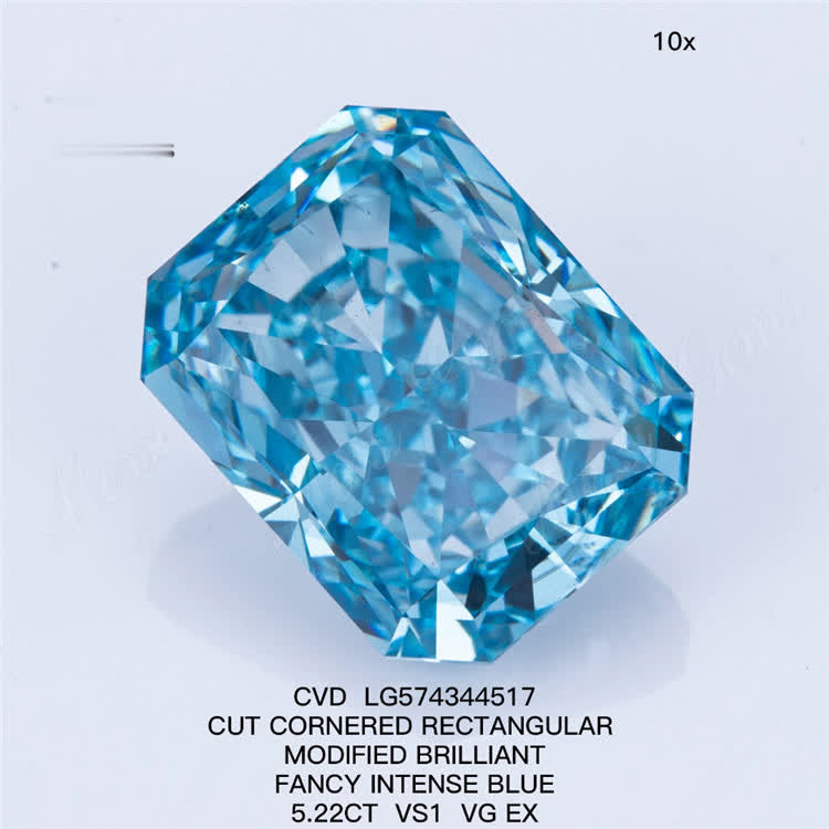 5.22CT RECTANGULAR FANCY INTENSE BLUE VS1 VG EX lab made blue diamonds CVD
