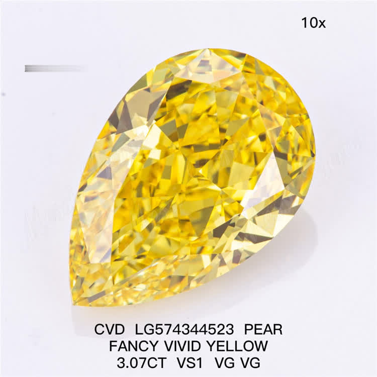 3.07CT VS1 VG VG PEAR Fancy Vivid Yellow Cvd Diamond CVD