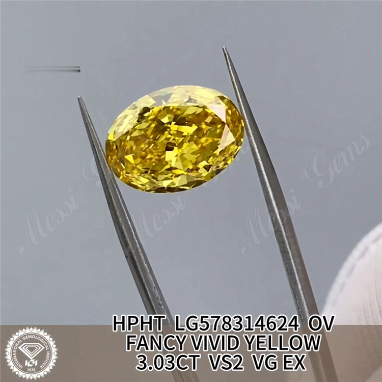 3.03CT OV FANCY VIVID YELLOW VS2 VG EX HPHT Yellow Diamond